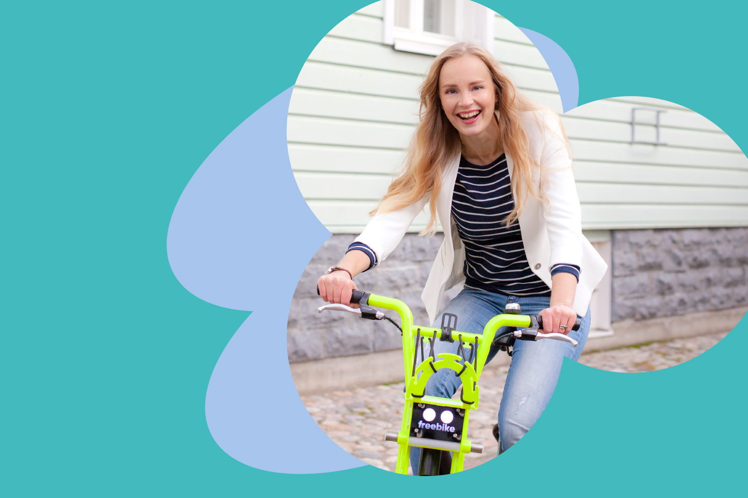 Nainen pyöräilee sähköavusteisella kaupunkipyörällä hiuksen hulmuten hymy huulilla.