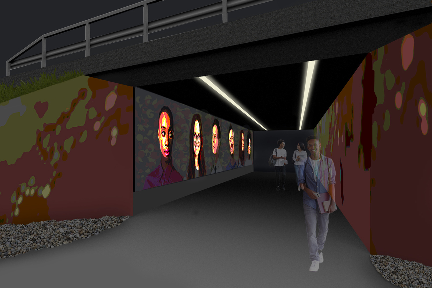 Savilahden alueen opiskelijoiden kasvokuvia graafisena ja valaistuna alikulkutunnelin seinässä.